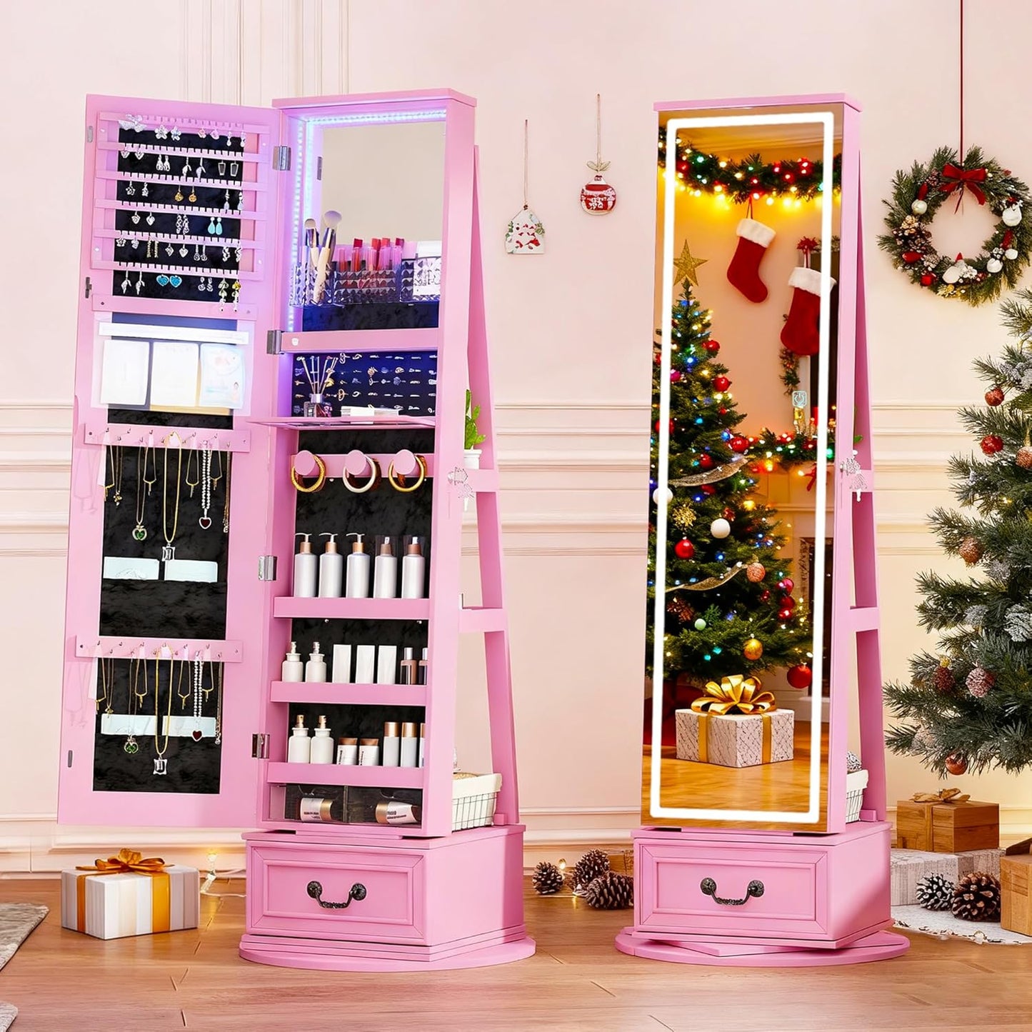 LVSOMT LED Mirror Jewelry Cabinet Standing, 360°Swivel Jewelry Armoire with Full Length Mirror, Mirror with Jewelry Storage and Large Wooden Drawer for Christmas Gifts (Pink)