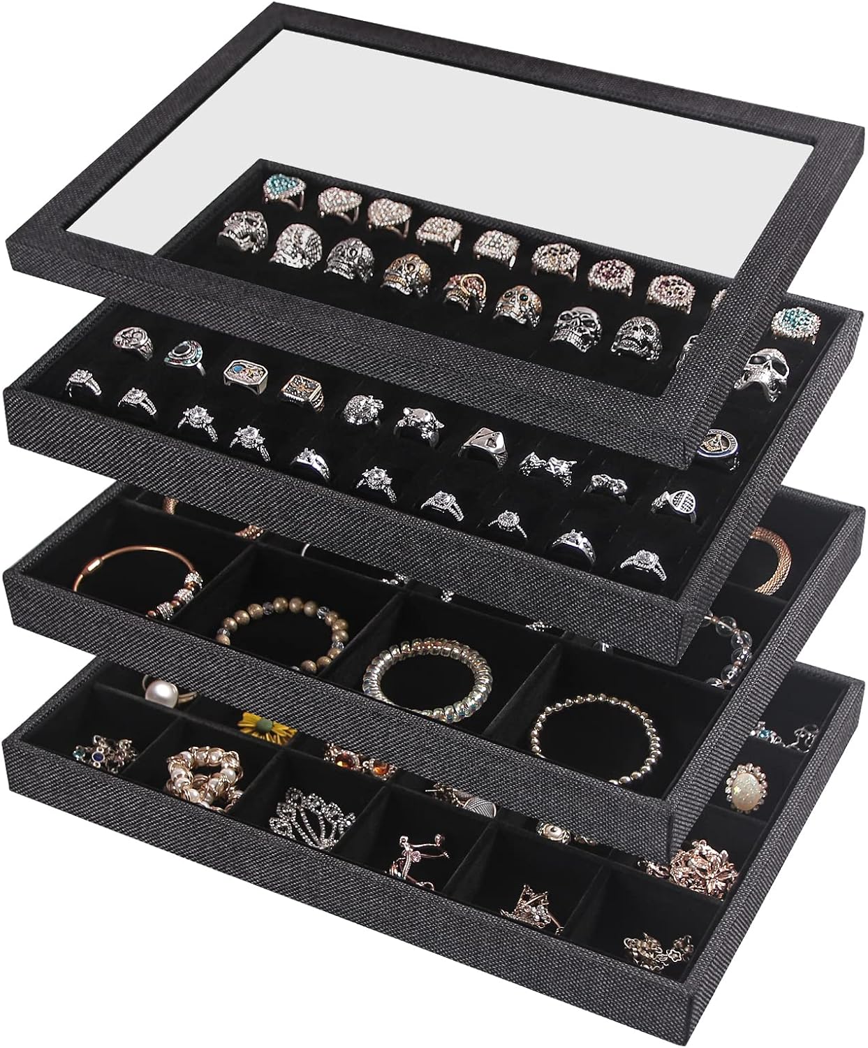Julysky 4 Pcs/set Stackable Jewelry Organizer Trays with Glass Lid,100 Slots Ring Holder,Bracelet Displays Stand for Selling Necklace Earring Rack