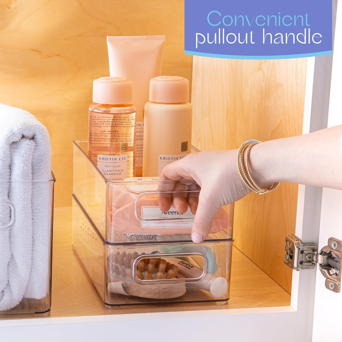 primebox Plastic Food Storage 4 Pack Clear Container Bin with Handles for Organizing Kitchen, Pantry, Refrigerator, Freezer, Pantry, Cabinet, Closet, Bathroom. Stackable 10”x6”x3”