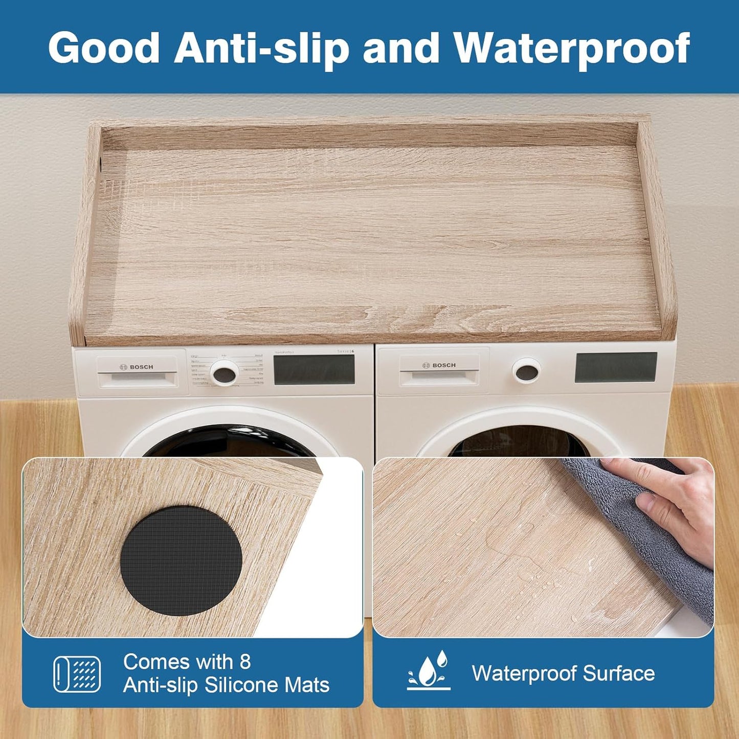 Washer Dryer Countertop 27.5" W x 54" L Laundry countertop for Storage and Organization with Edge Rails, Oak