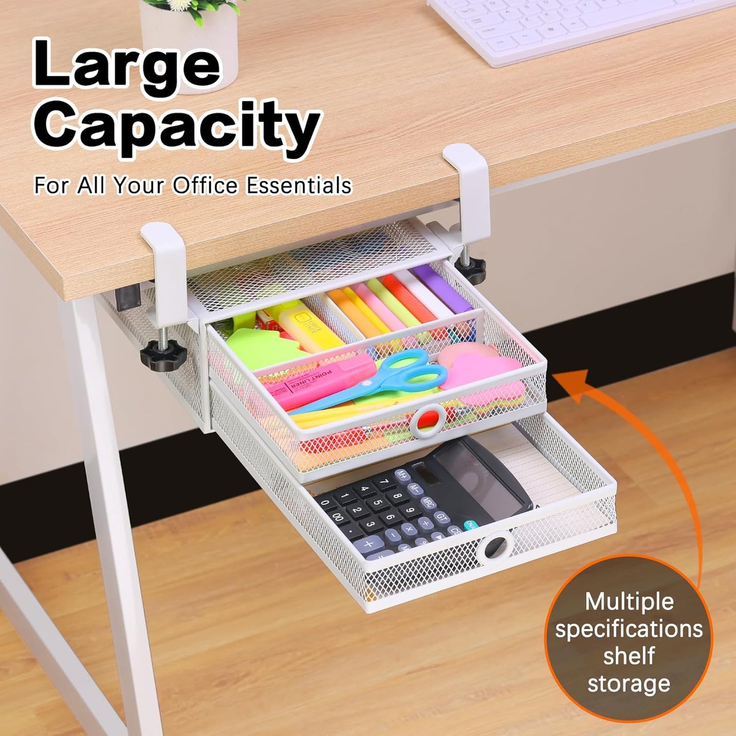 ROSYLINE Under Desk & Desktop Drawer Organizer - 2-Tier Metal Slide Out Drawers Organizer, Storage for Home Office Desk (White)