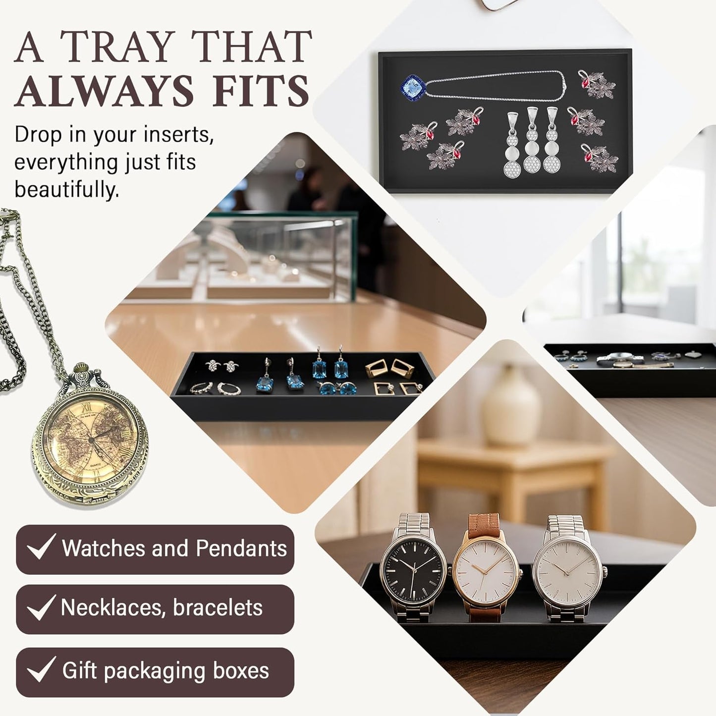 RJ Displays 6 Pack Stackable Jewelry Tray Set, Stackable Plastic Jewelry Organizer Tray, Jewelrys Drawer Organizers, Drawers Inserts, Earring Organizer for Women Perfect Trays (Black) 14.75x8.25x1 IN