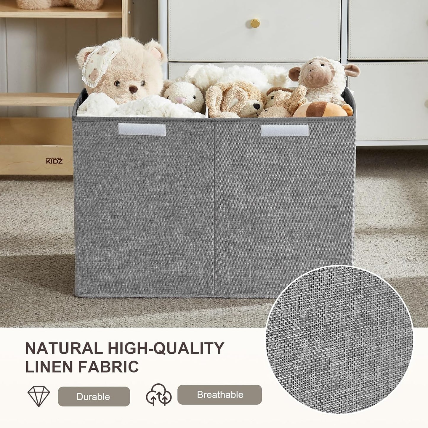 Large Toy Box with Flip-Top Lid, Collapsible Storage Organizer Bins with Dividers and Handles, Kids Bin Chest Baskets for Toys, Playroom Organizers, Nursery 25"x13" x16" (Gray)