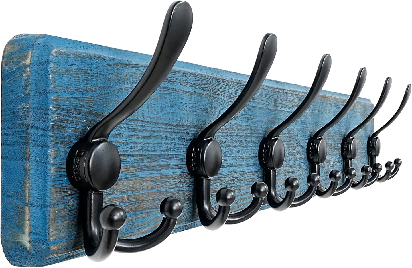Dseap Coat Rack Wall Mounted - 24" Long 6 Tri Hooks, Heavy Duty Wooden Wall Coat Hanger Coat Hook for Clothes Hat Jacket Clothing, Weathered Blue and Black