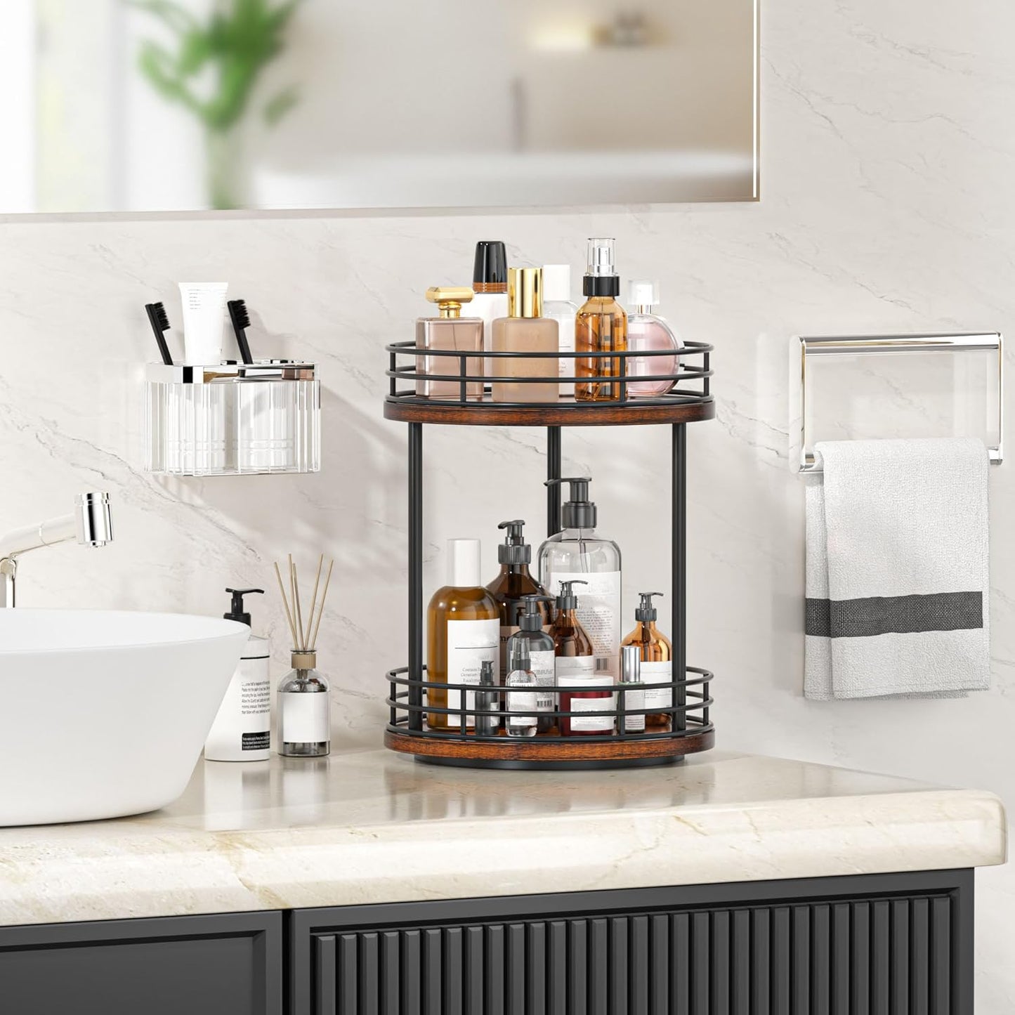 Bathroom Organizer Countertop,2 Tier Rotating Makeup Organizer Countertop for Vanity,Wooden Bathroom Counter Storage Shelf,Vanity Tray for Perfume,Skincare,Cosmetic