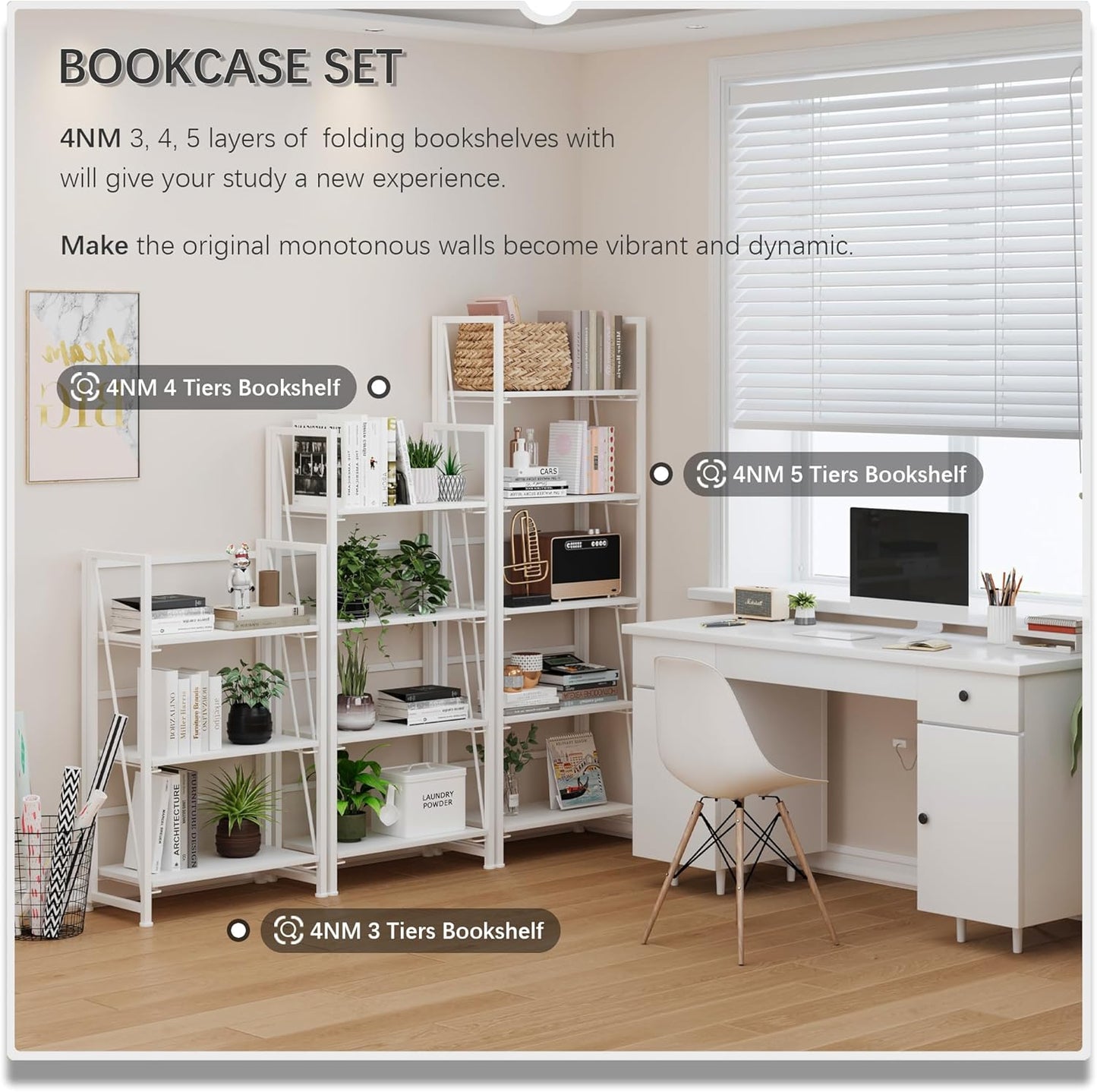 4NM No Assembly Folding Bookshelf Storage Shelves 4 Tiers Vintage Bookcase Standing Racks Study Organizer Home Office (All White)