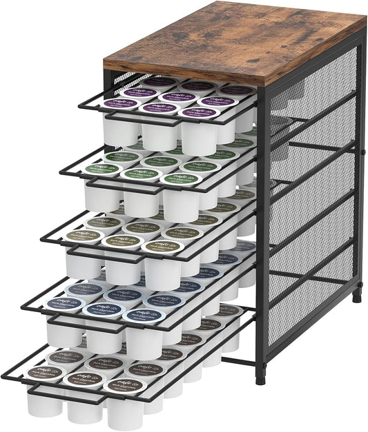Coffee Pod Drawer for K Cups 90 Pod Pack Capacity Rack K Cups Holder Drawer Organizer for Coffee Station 5 Tier K Cups Coffee Pods Holder Suit for Home Office Cafe Counter, Black and Brown