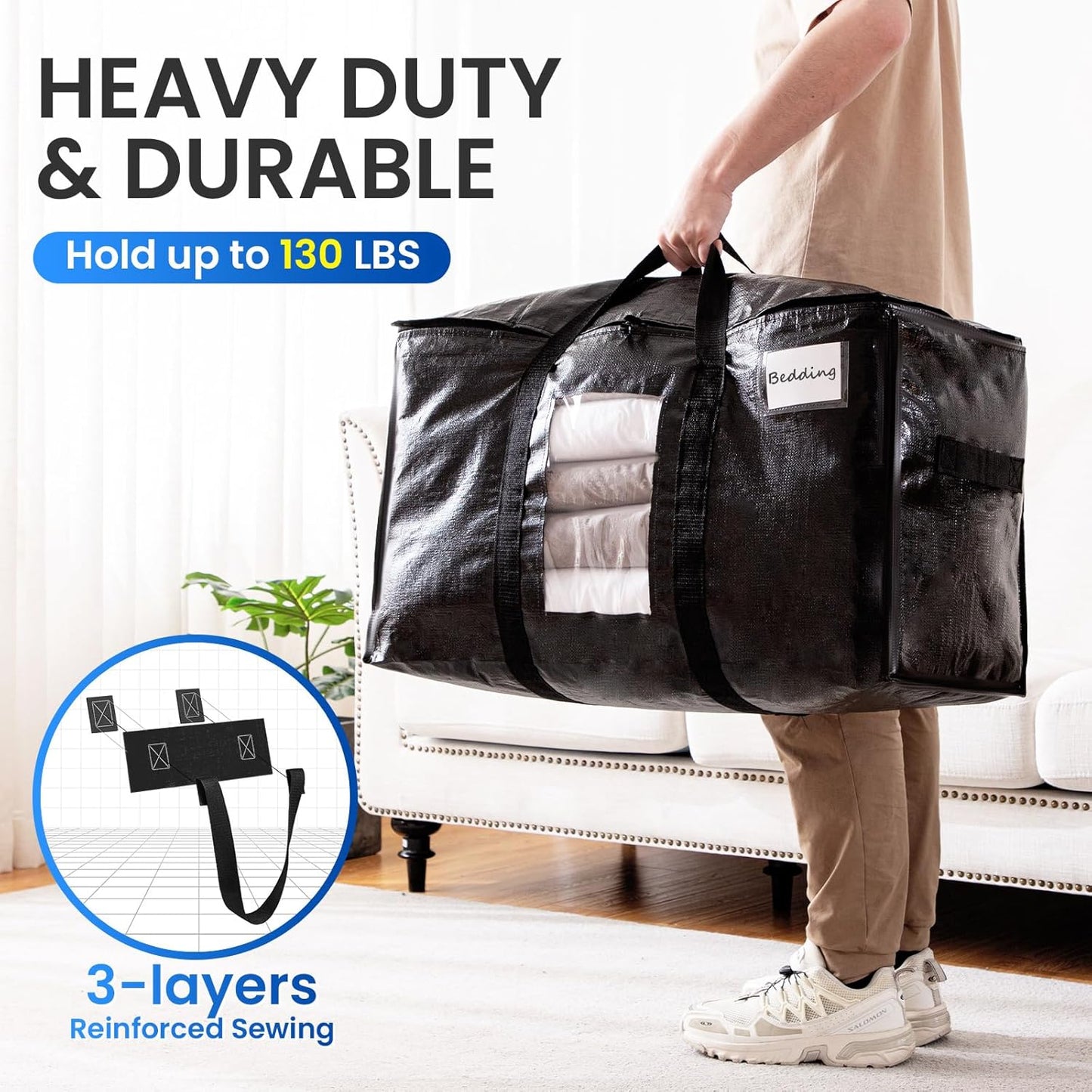 TAILI Extra Large Moving Bags, 8 Pack Black Heavy Duty Totes for Storage with Visible Window, Wrap Around Handles, Storage Bags for Space Saving, Alternative to Moving Boxes