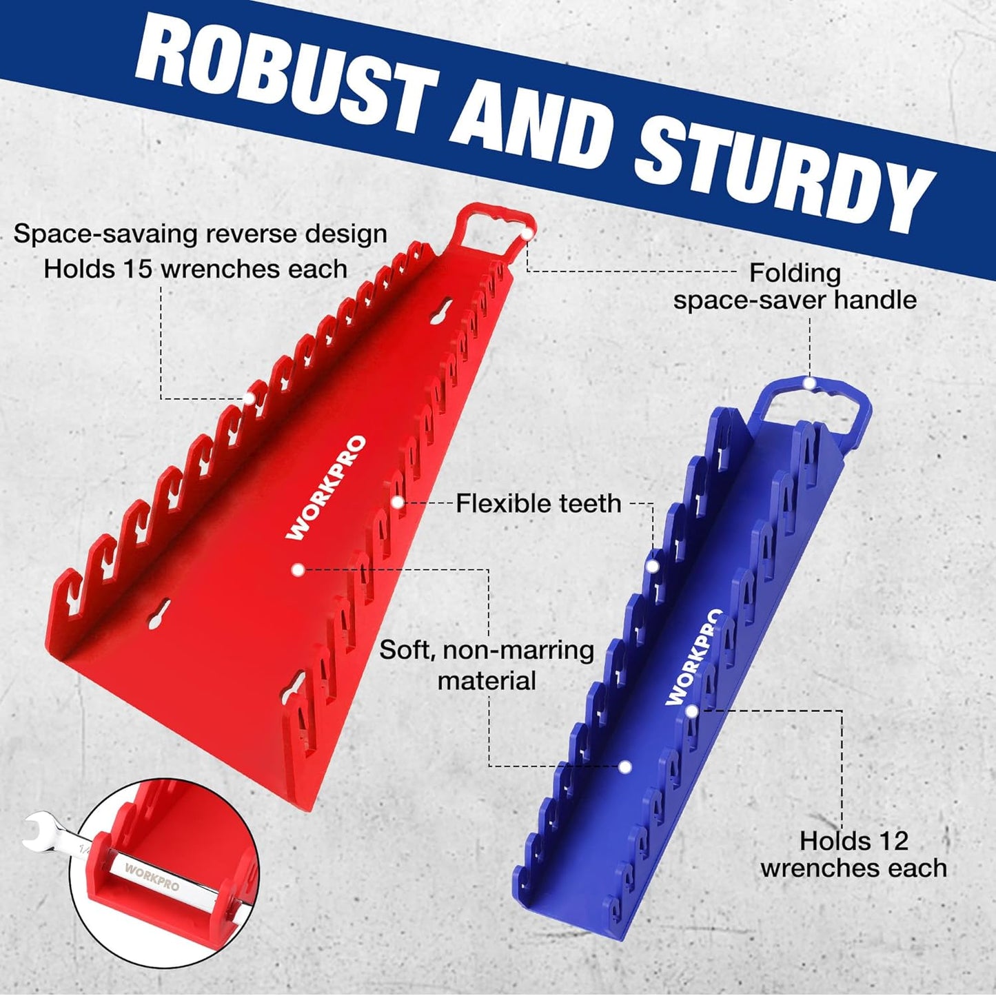 WORKPRO 4-PACK Magnetic Wrench Organizer, 2PC 15-Slot and 2PC 12-Slot Gripper Wrench Holder for Tool Boxes, Flexible Gripping Teeth and Carrying Handle, Fit for SAE and Metric, Blue, Red