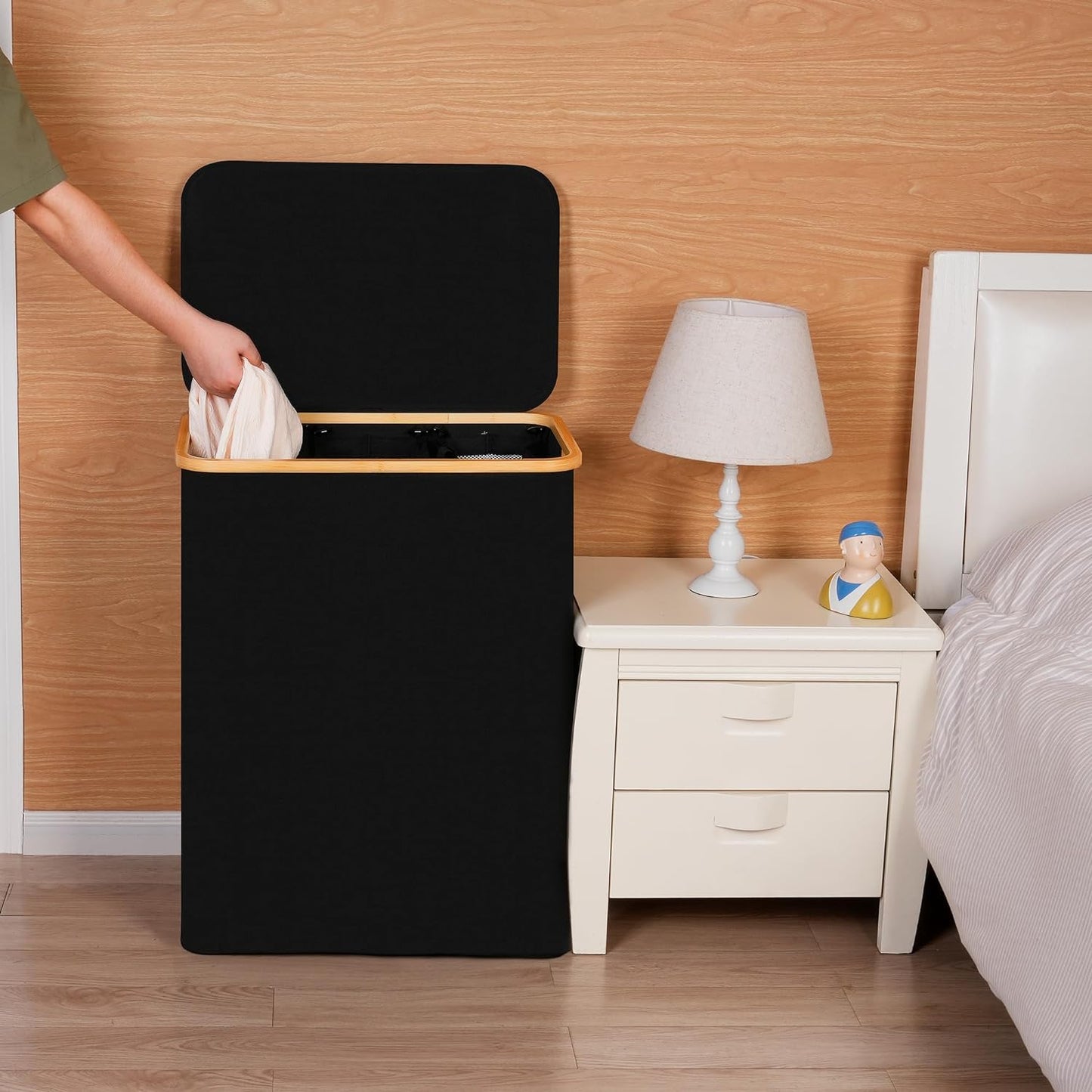 efluky Laundry Hamper with Lid, Trio Laundry Hamper with 3 Removable Bags, 3 Section Laundry Basket with Bamboo Handles for Bathroom, Bedroom & Laundry Room, 160L Black