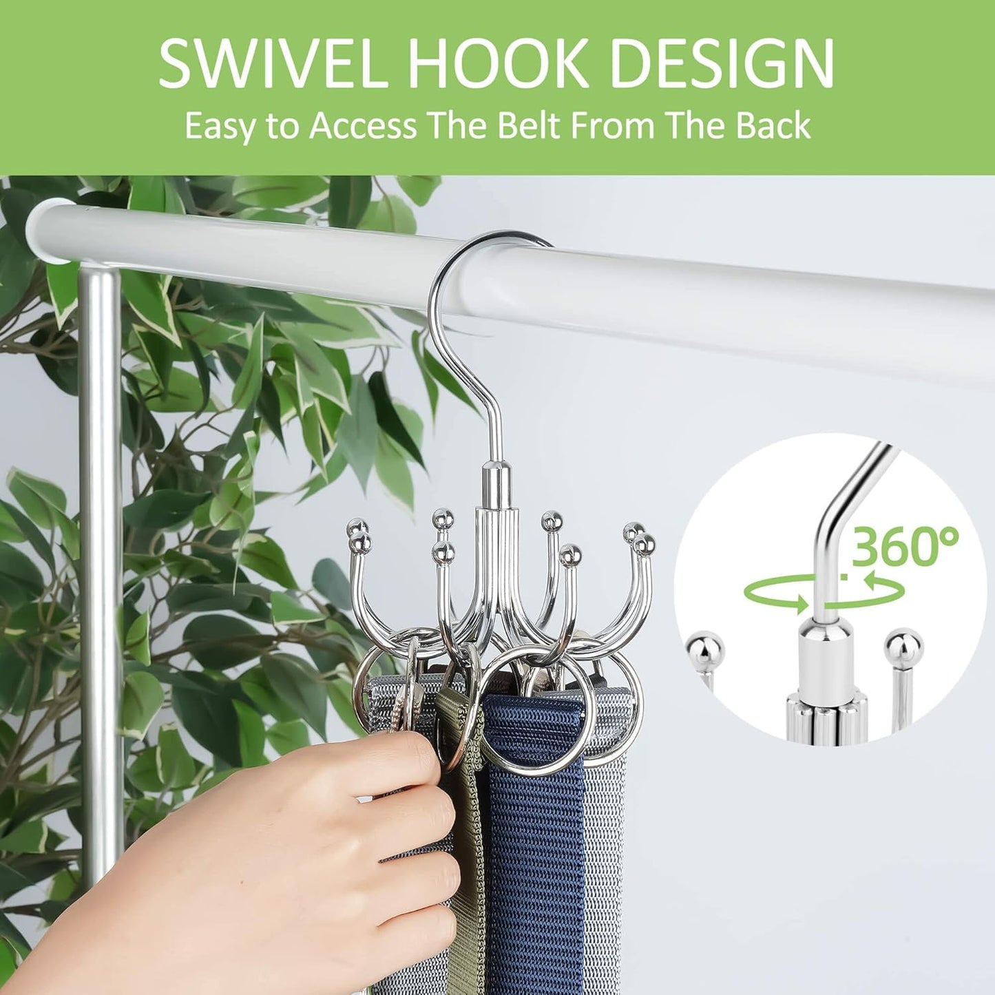 Belt Hanger, Rotatable Belt Organizer for Closet, Accessories Rack, Space Saving Hanging Holder Storage Hook for Belt, Tie, Scarf, Purse, Bra, Tank Top, Silver