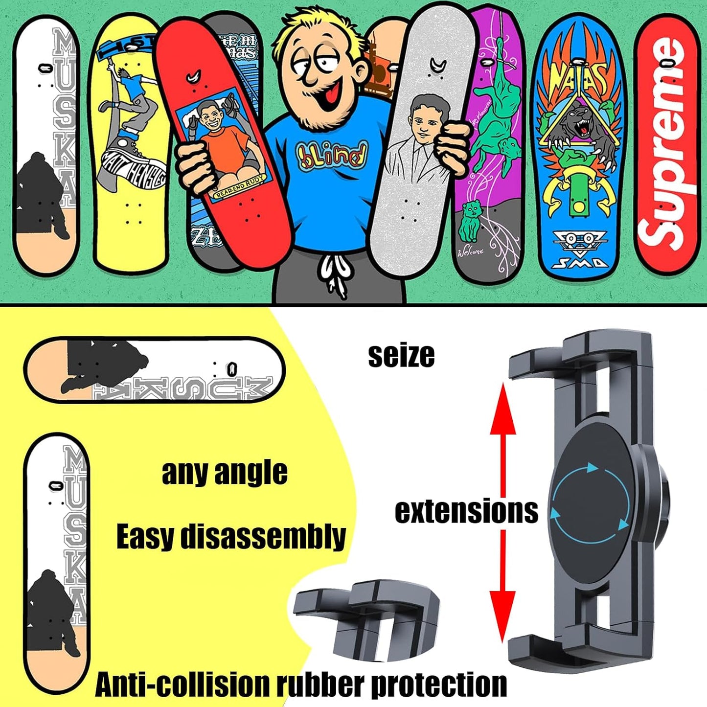 Skate deck wall mount,360° rotatable skateboard wall mount,Floating Display Hanger Grab,suitable for any skateboarder. (1 set)