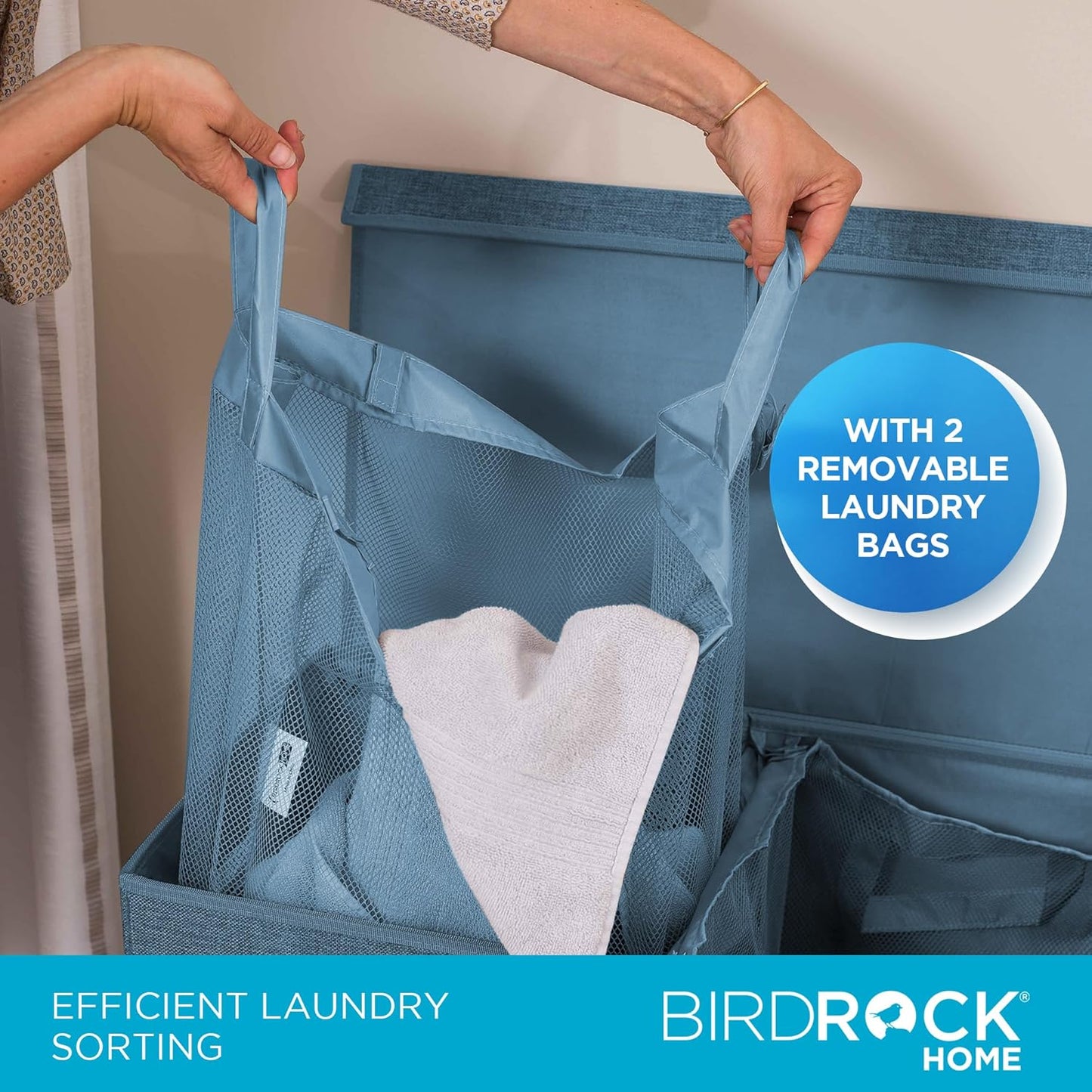 BIRDROCK HOME Laundry Hamper with Lid | Removable Bags for Sorting Clothes | Sectioned Laundry Basket for Bedroom & Bathroom | Collapsible Storage Bin with Cover | Double, Light Blue
