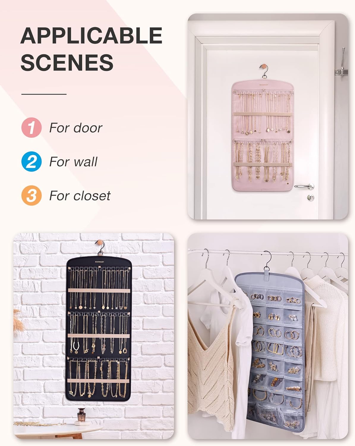 BAGSMART Hanging Jewelry Organizer, Necklace Holder Anti-tangle Earrings Rings Hanger with 20 Jewelry Bags Travel Storage Roll with Pockets Hang on Closet, Wall, Door,1 Piece, Large Grey