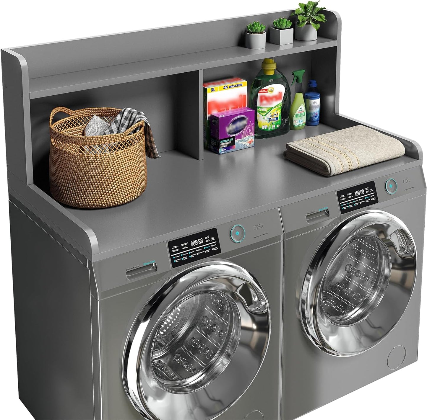 2-Tier Washer Dryer Countertop, 18.5" Raised Height Laundry Countertop with Edge Rails and Non-Slip Pad, 54" W x 27.55" D Washer and Dryer Topper for Laundry Room Storage Organization (Gray)