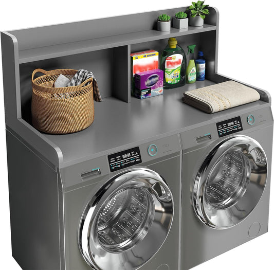 2-Tier Washer Dryer Countertop, 18.5" Raised Height Laundry Countertop with Edge Rails and Non-Slip Pad, 54" W x 27.55" D Washer and Dryer Topper for Laundry Room Storage Organization (Gray)