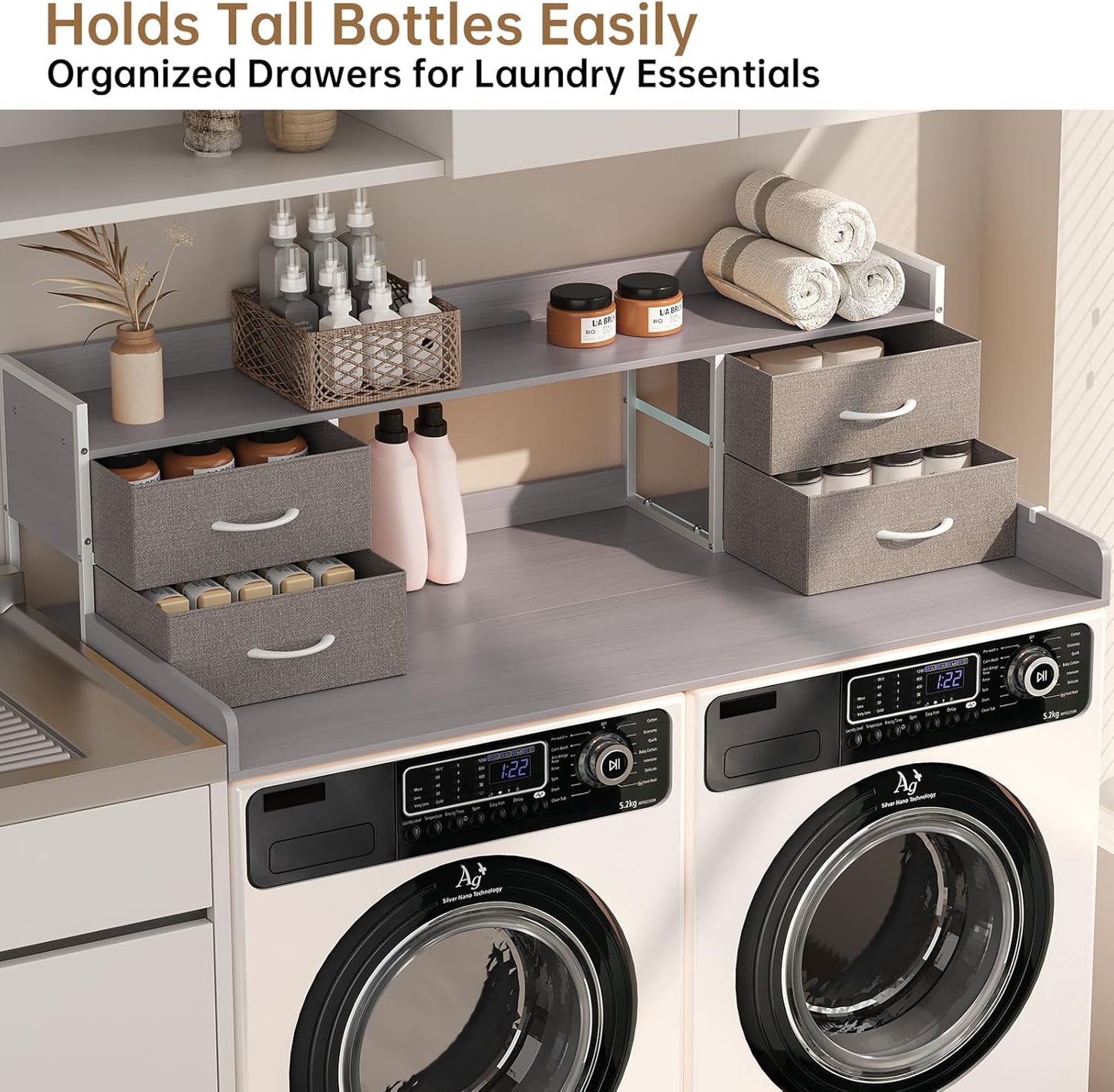 4 Drawers Washer Dryer Countertop with Shelf, 27.5" D x 54" W Laundry Topper with 3.54" High Guardrails and Non-Slip Pads,Extra Storage Organizer for Over Washer and Dryer, Holds 66 Lbs, Light Grey