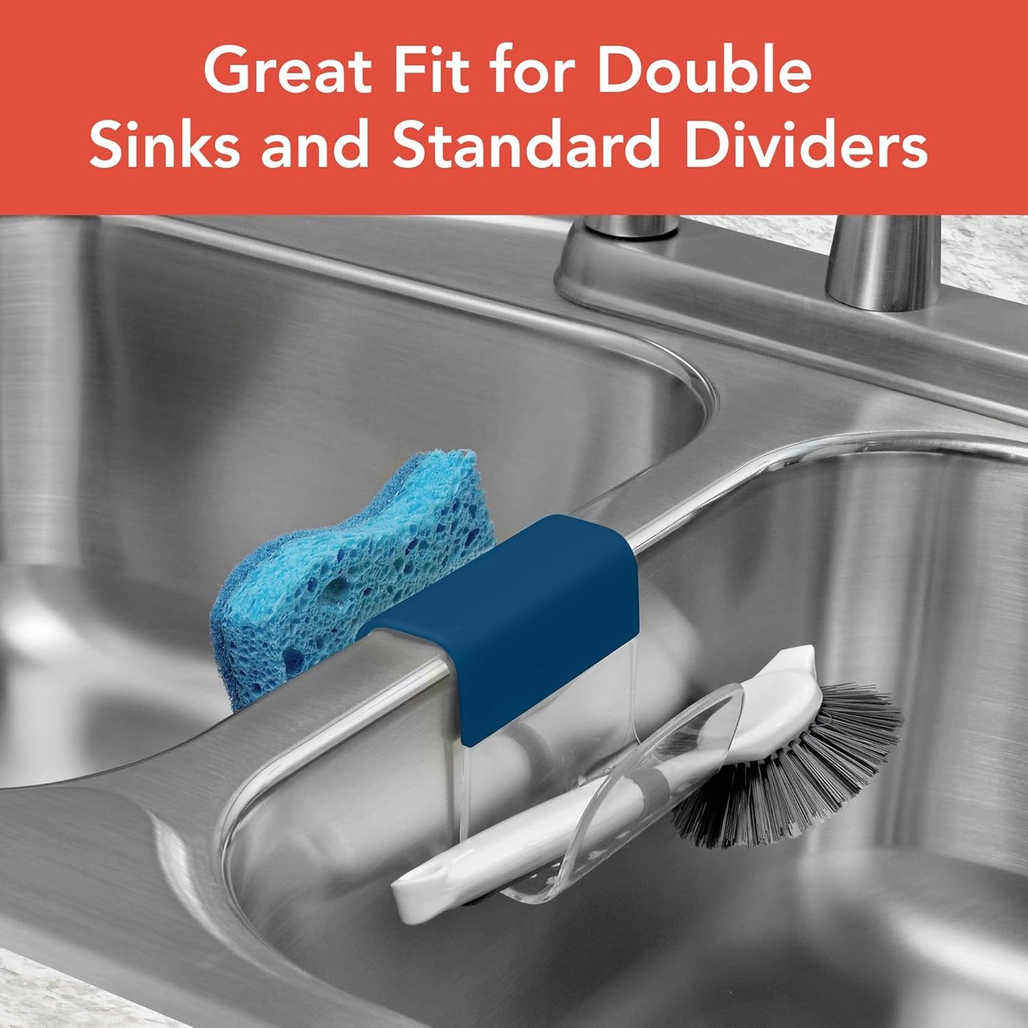 Spectrum Sink Saddle for Kitchen Sink Blue Clear Sponge and Brush Holder Organizer, Dish Brush and Sponges Plastic Saddle Caddy for Double Sink Storage with Drain Holes for Quick Drying Organization