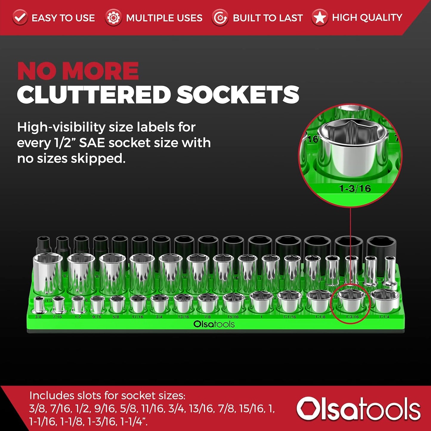 Olsa Tools Magnetic Socket Organizer - 1/2-Inch Drive, 3 Row - Holds 45 Sockets - SAE Green, Professional Grade - Part: 1549