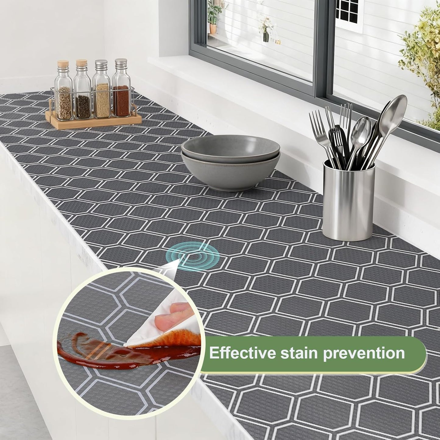 Non Adhesive Shelf Liner, Waterproof Drawer Liners for Kitchen Cabinet Refrigerator, No Slip Bathroom Sink Liners, Cupboard Fridge Liner EVA Place Mat Roll -17.5" x 197" Grey