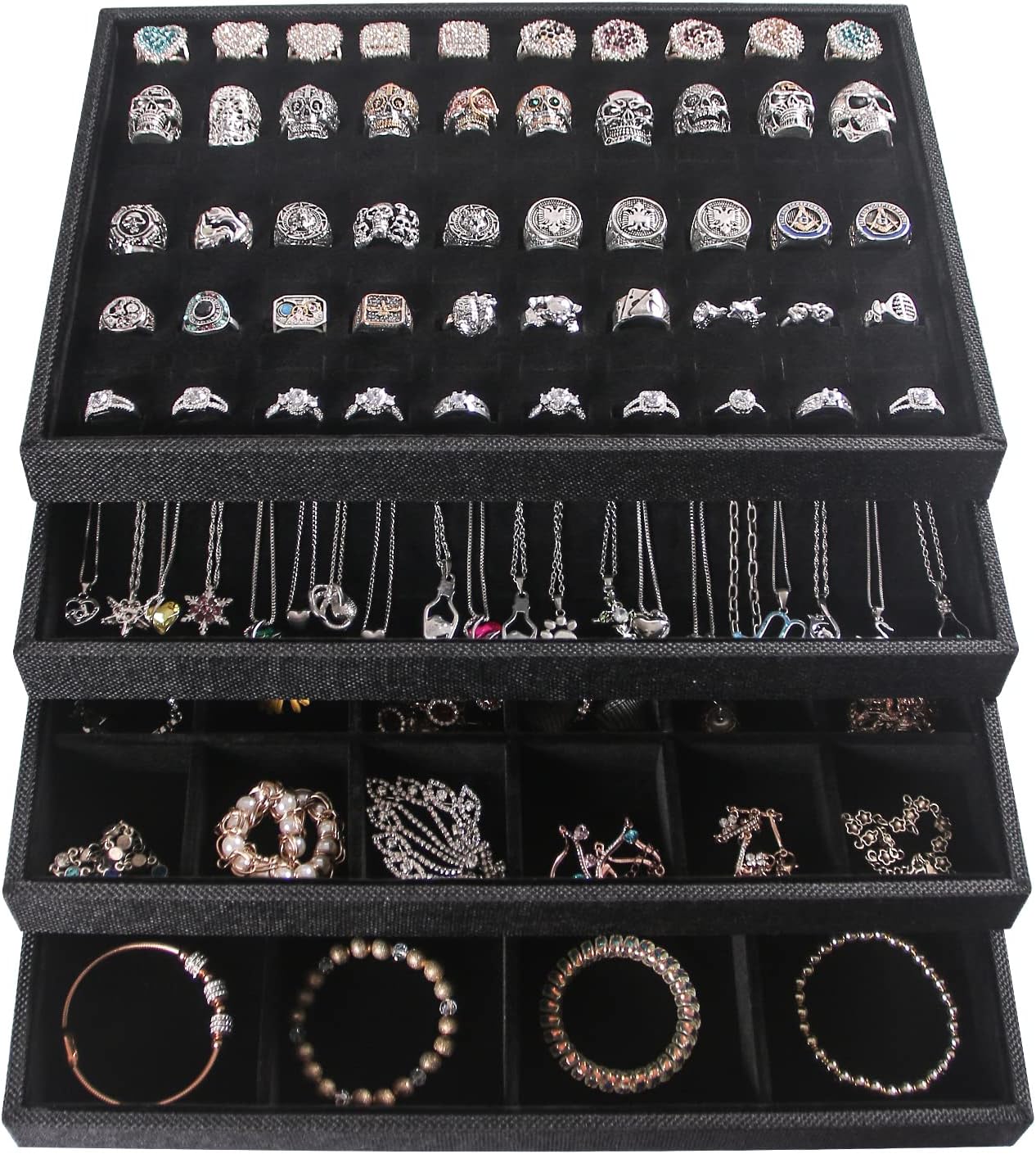 Julysky 4 Pcs/set Stackable Jewelry Organizer Trays for Drawer,100 Slots Ring Tray，Necklace Tray,12 Grid,24 Grid Jewelry Displays for Selling,Black