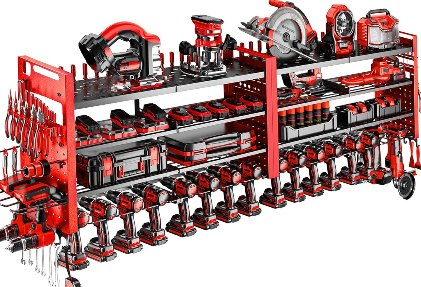 66" W Super Large Power Tool Organizer Wall Mount,Heavy Duty Cordless Tool Organizer with 18 Drill Holder,600 Lbs Capacity 4-Layer Garage Organization for Garage and Workshop (Red)