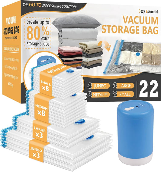22 Pack Vacuum Storage Bags with Rechargeable Wireless Electric Pump, Vacuum Seal Space Saver Bags for Clothing, Pillows, Blanket, Bedding, Comforter