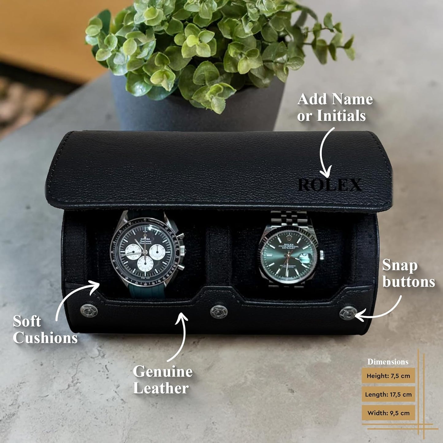 DailyWatch | Personalized Watch Roll Travel Case For 2 Watches - Handmade Genuine Leather Travel Case With Custom Engraving of Name or Initials - All Black