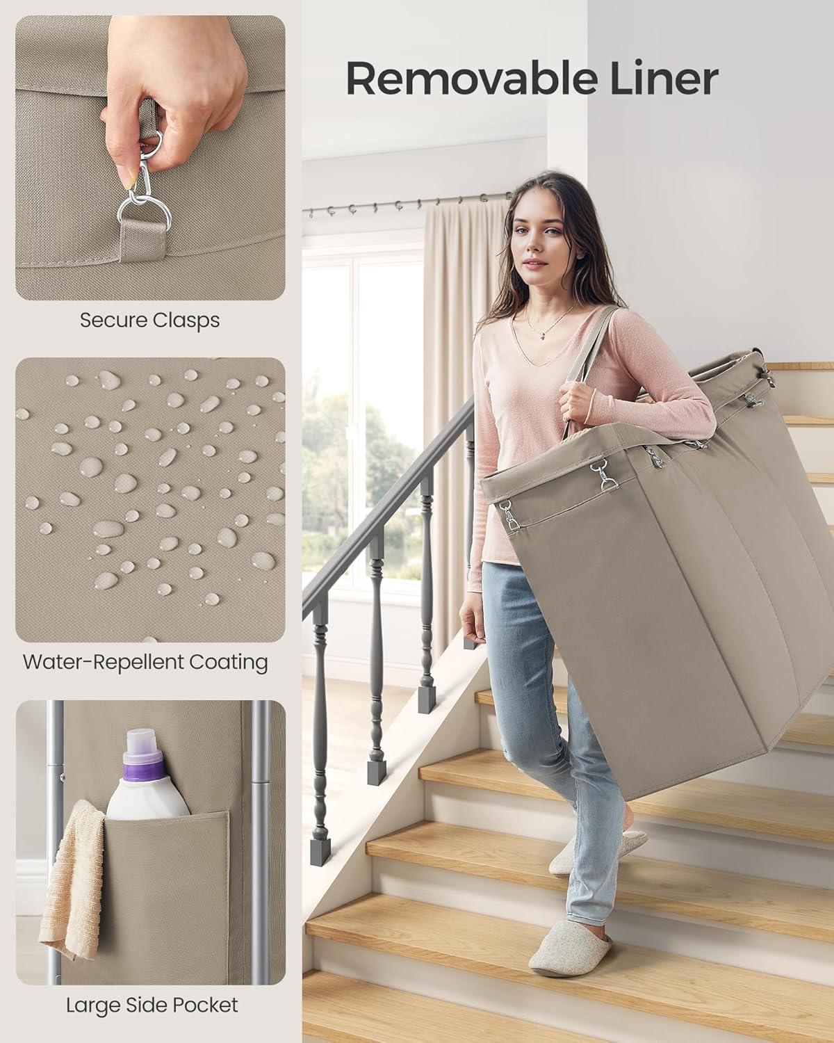 SONGMICS Laundry Basket with Wheels, 3-Section Rolling Laundry Hamper, 52.8 Gallons (200 L), Removable Liner, Steel Frame with Handle, 35.8 x 15.4 x 31.9 Inches, Camel Brown URLS005N01
