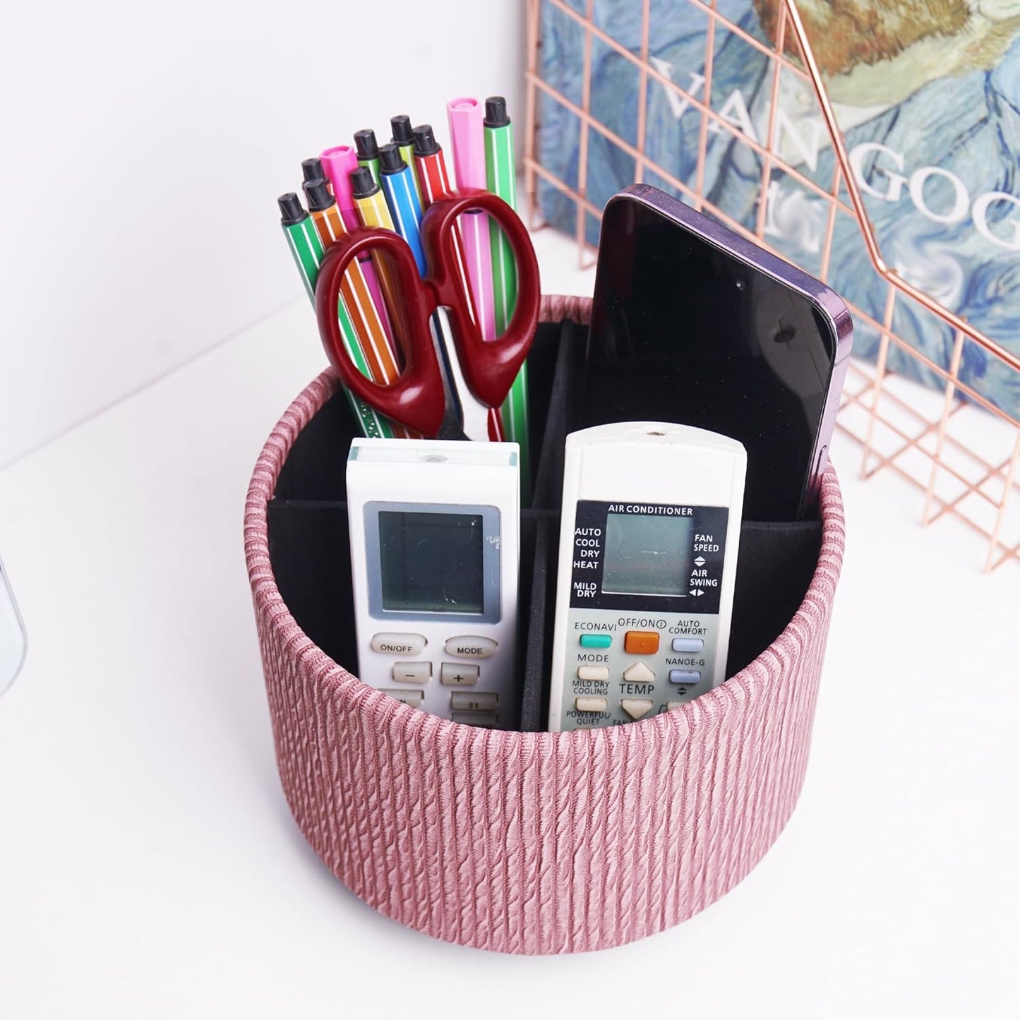 Round Leather Art Supply Organizer,Remote Control Holder,360 Degree Spinning,Multi-Functional Pencil Holder,4 Compartments Desktop Stationary Organizer(1-Wood Pink)