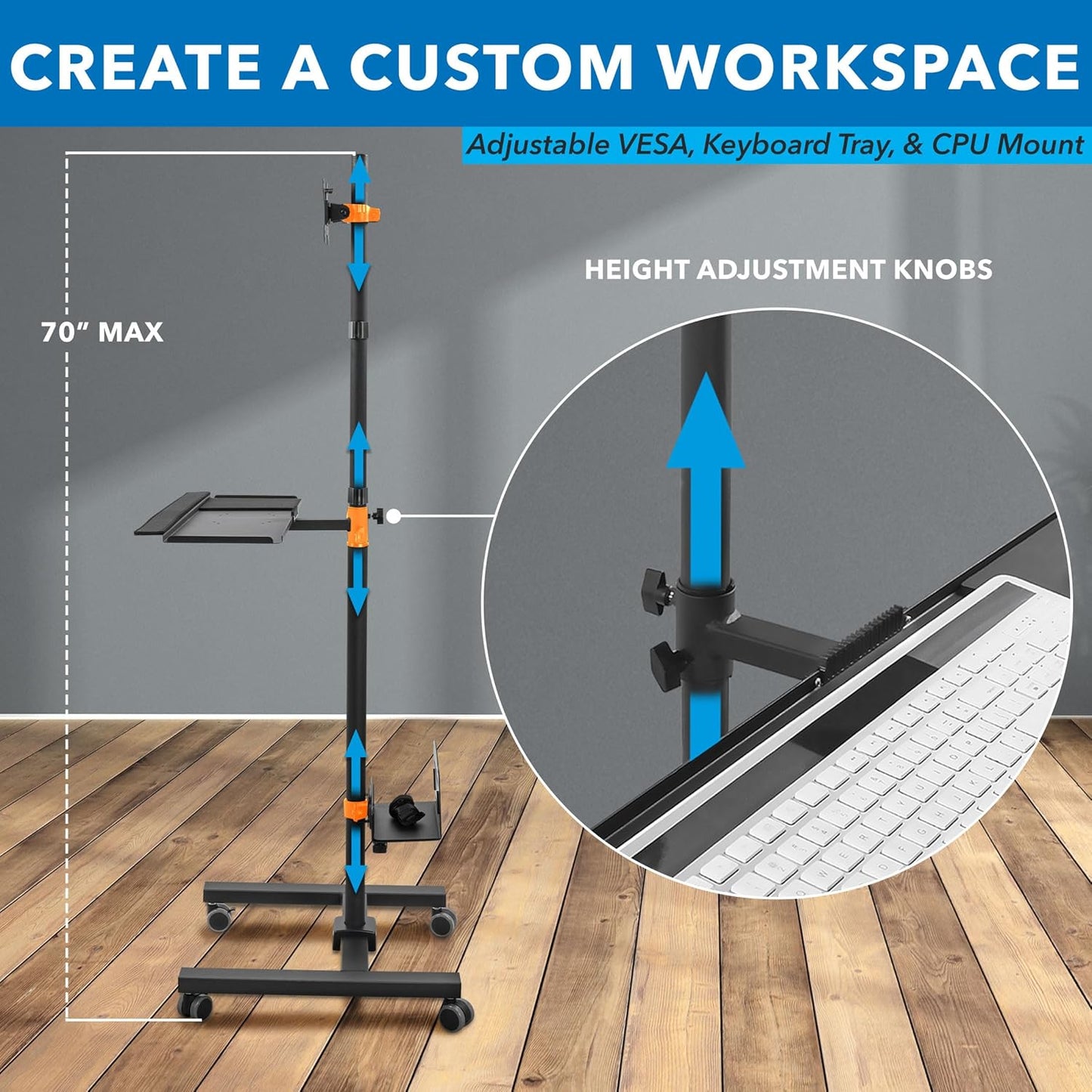 Mount-It! Rolling Computer Cart on Wheels, Mobile Desk Workstation with Monitor Mount for up to 32" Screen, Full Keyboard Tray, Floating Adjustable CPU Holder, Standing up to 70" Tall
