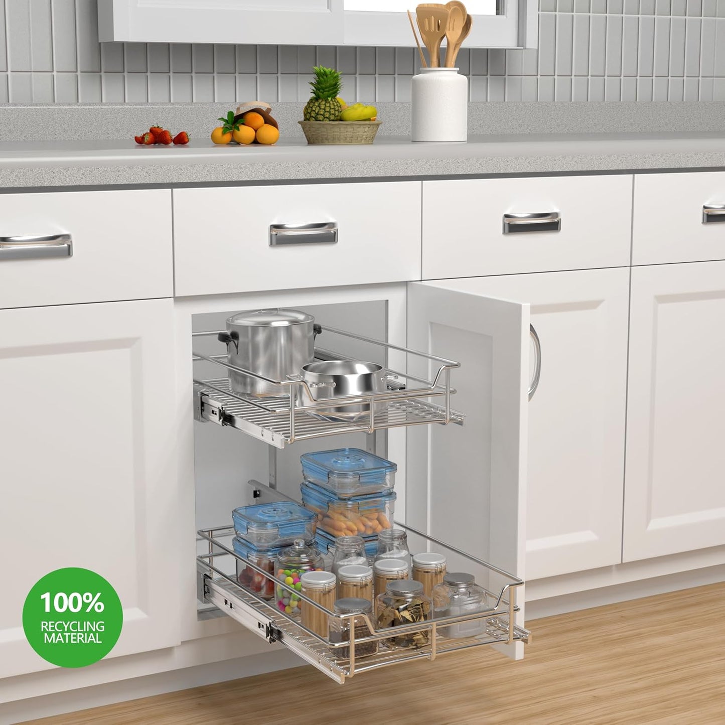 2 Tier Pull Out Cabinet Organizer (11" W x 22" D), Roll Out Shelves and Drawer for Kitchen Pantry Storage Basket, Heavy-Duty Metal Sliding Shelf
