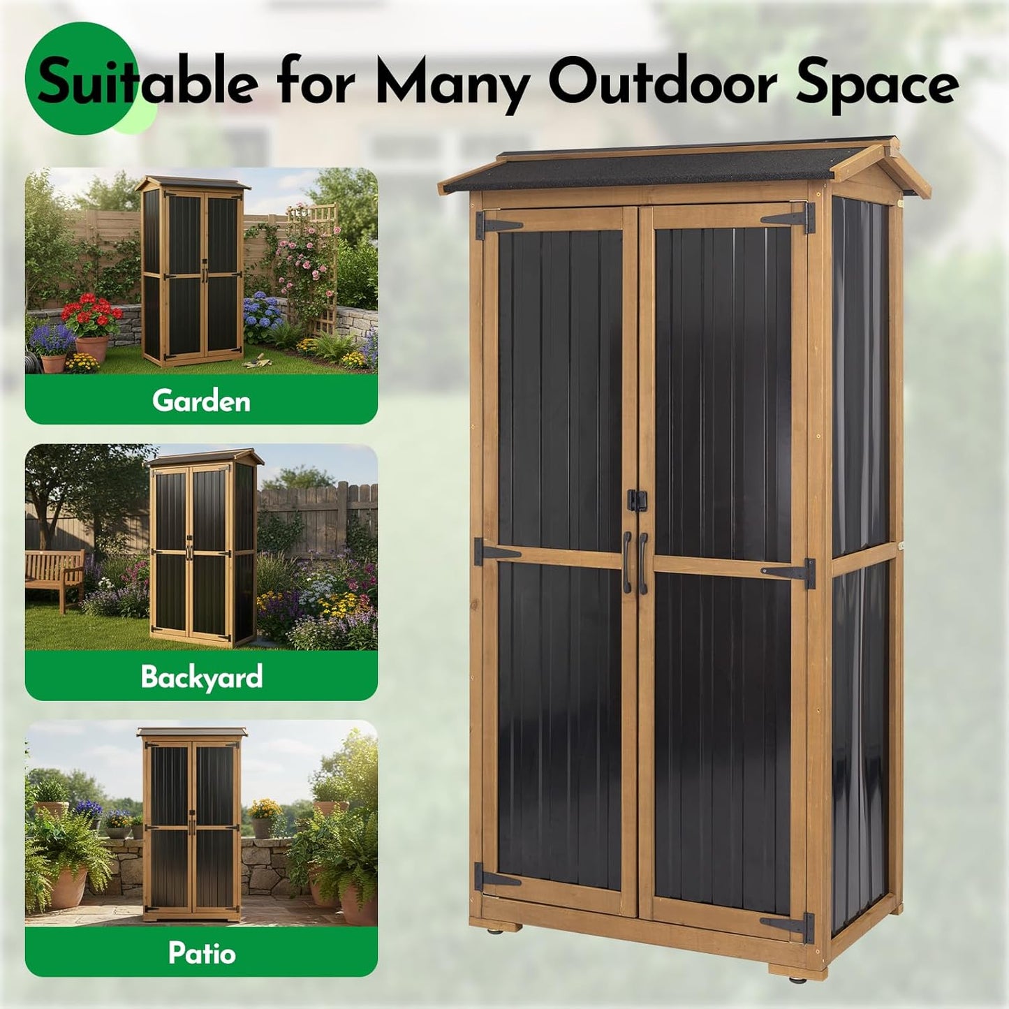 Large Outdoor Storage Cabinet, Wood Outdoor Storage Shed with Three Adjustable Shelves, Lockable Doors, Waterproof Roof, Outdoor Cabinets Garden Tool Shed, Brown, 38''x20.5''x69''