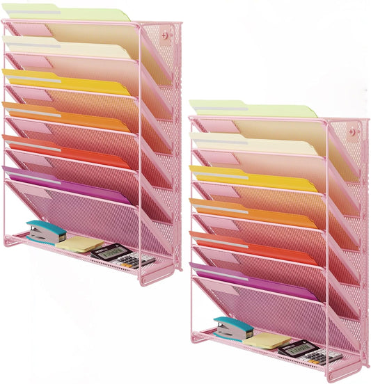Kuntine.B Wall File Organizer Hanging Magazine Holder (Pink, 7 Tier 2 Pack)
