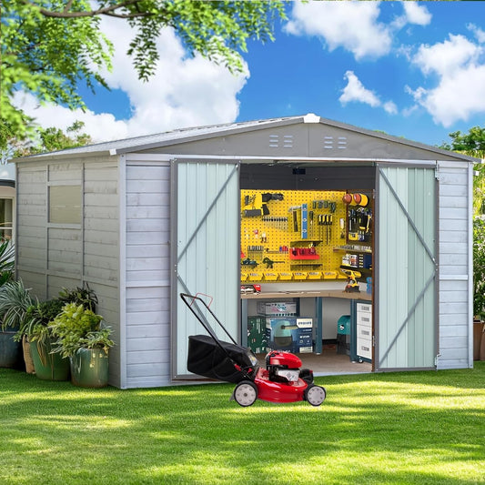 10x8 FT Wood Storage Shed, Large Outdoor Storage Shed with Lockable Door, Window and Vents,Outside Waterproof Wooden Metal Tool Storage for Garden, Patio, Lawn, Backyard (Gray)
