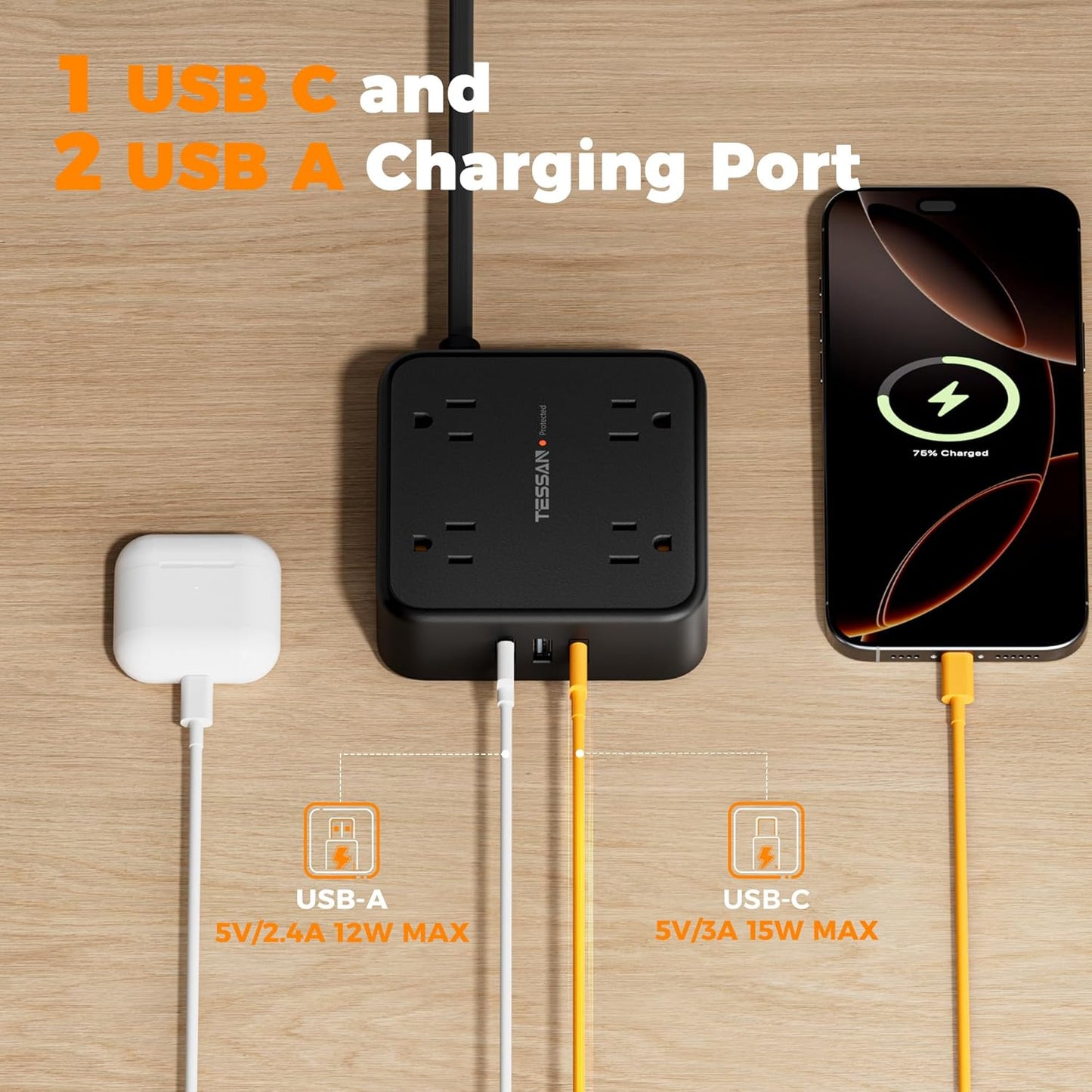 TESSAN Surge Protector Power Strip Black, 5 Ft Flat Plug Extension Cord with 3 USB (1 USB C) 8 Outlets, 900J Surge Protection, 3 Sided Outlet Extender with Power Switch for Office, Dorm Room