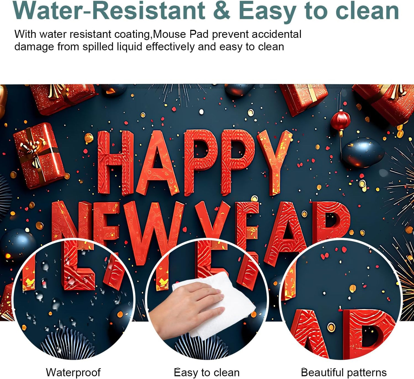 Happy New Year Gaming Mouse Pad 31.5"x11.8"Desk Mat Anti-Slip Rubber Base & Durable Stitched Edges for Gamers Smooth Mouse Writing Surface for Desk Office/Home