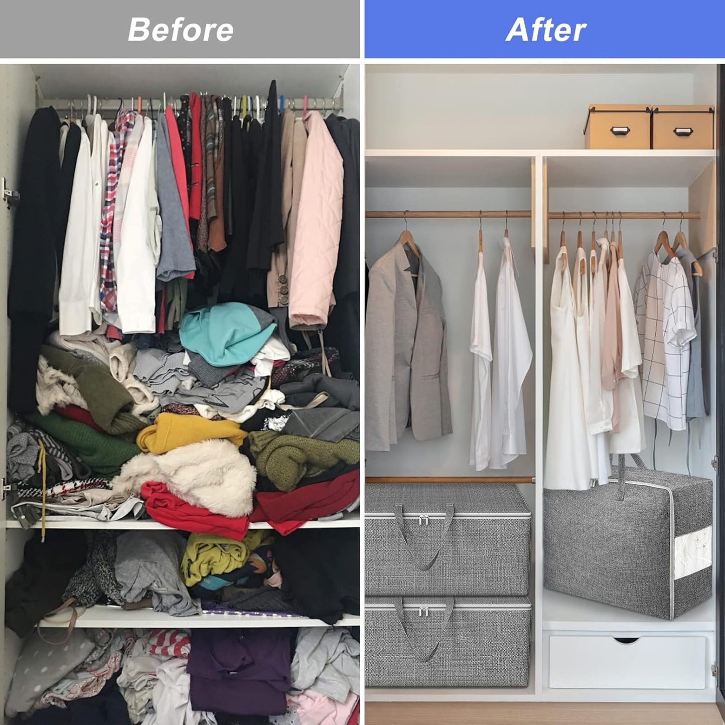 105L Extra Large Storage Bags, Folding Moving Comforter Blanket Storage Bags Closet Organizers and Storage Containers for Clothes with Strong Handles&Zippers Clear Window for Bedding Pillow, Grey