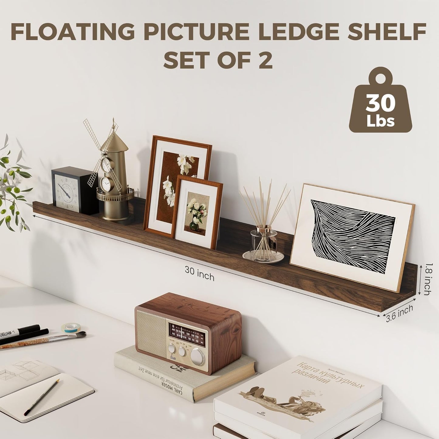 Axeman 30 Inch Floating Shelves for Wall | Picture Ledge Shelf Set of 2 | Rustic Walnut Picture Shelf for Wall with Ledge | Floating Shelves with Lip | Photo Ledge Shelves for Books Album Records