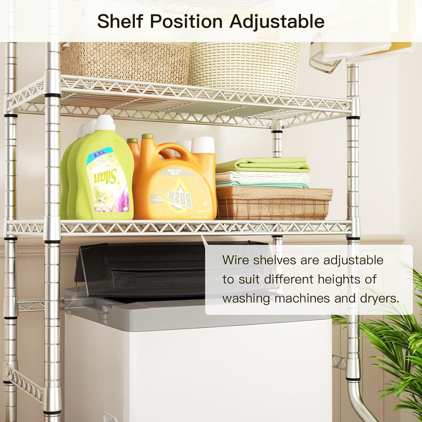 Ulif U11 Over Washer and Dryer Shelves, 3 Tiers Laundry Room Storage and Organizer Standing Shelf, Metal Freestanding Clothes Drying Rack, 33.9" W x 19.7" D x 77.6" H, Chrome