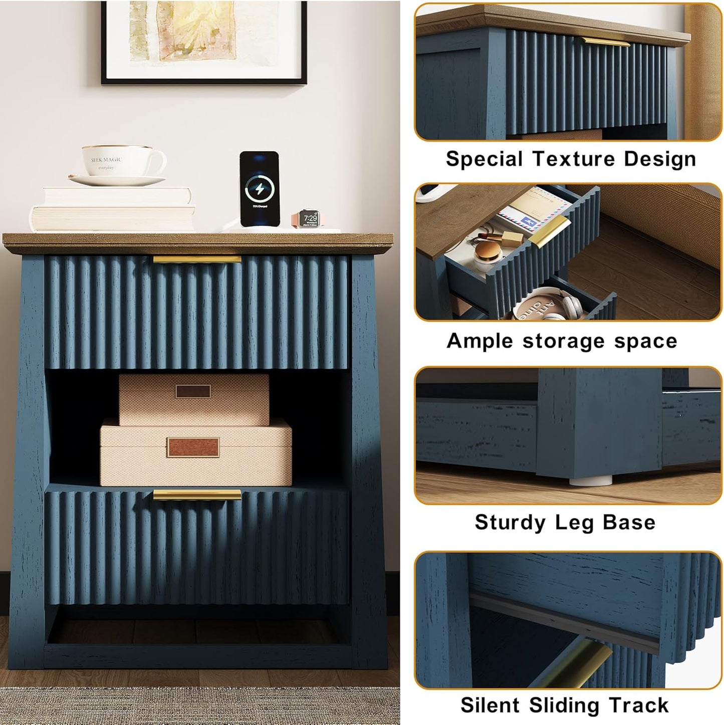 HIFYOBRO Fluted Nightstands with Charging Station & Motion Sensor Light, Modern Bedside Tables with 2 Drawers and Storage Shelf for Bedroom, Living Room,Blue