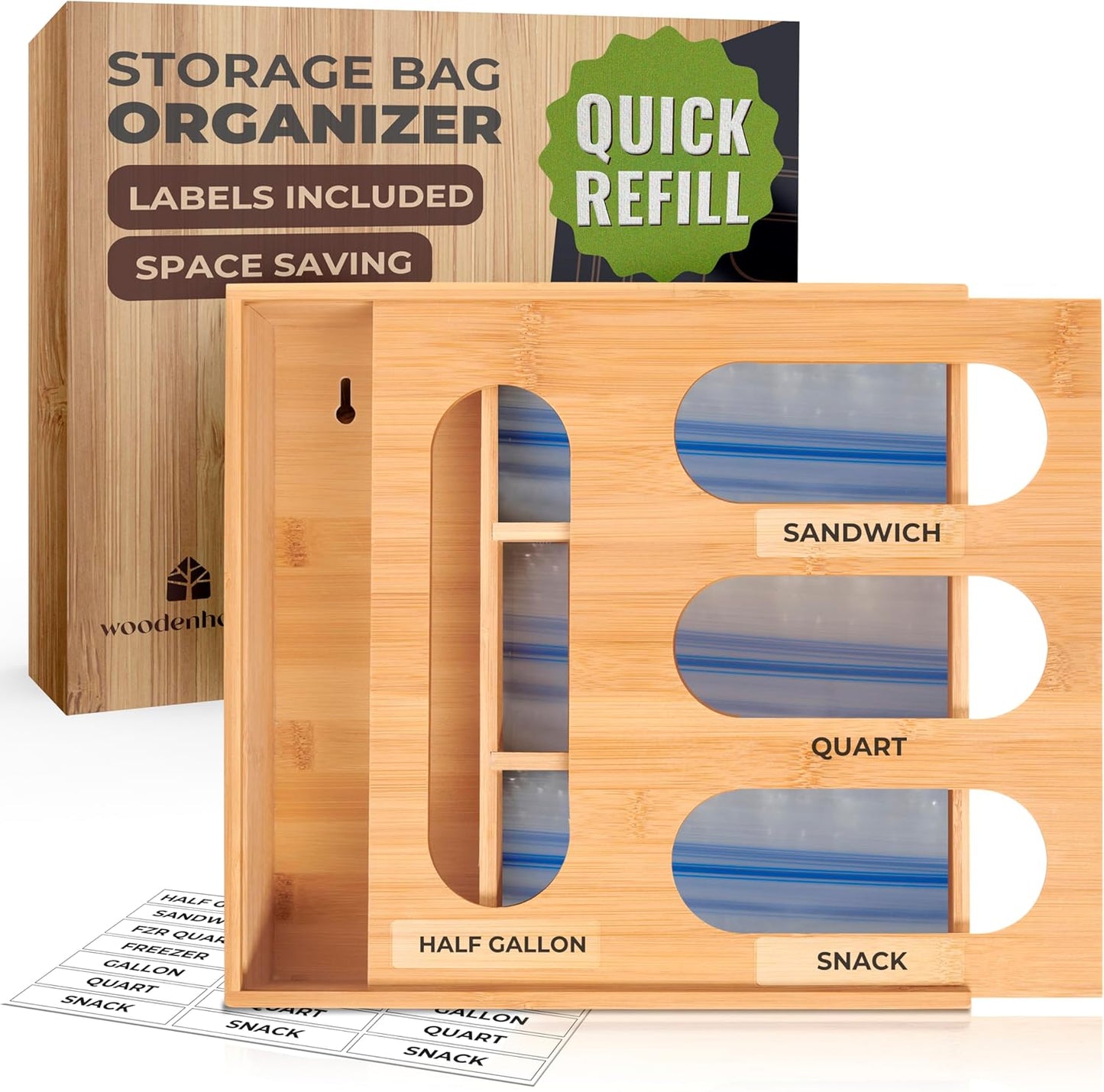 Bamboo Storage Bag Organizer, Sandwich Bag Organizer - Single Block Design for Kitchen Organization, Baggie Organizer for Drawer - Quick Refill Slider, Fits Half Gallon, Quart, Snack Size Bags