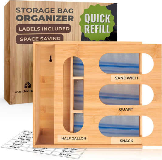 Bamboo Storage Bag Organizer, Sandwich Bag Organizer - Single Block Design for Kitchen Organization, Baggie Organizer for Drawer - Quick Refill Slider, Fits Half Gallon, Quart, Snack Size Bags