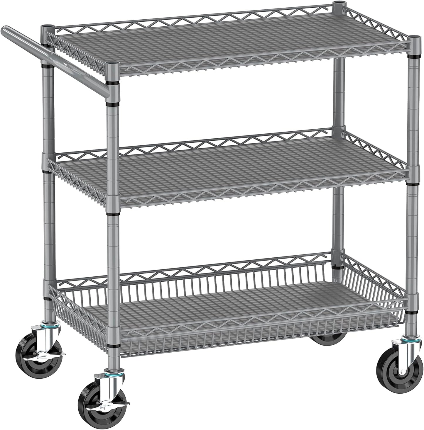Rolling Cart with Wheels, Heavy Duty 3 Tier Metal Utility Cart 990lbs Capacity, Multi-Purpose Wire Rolling Storage Trolley for Kitchen Garage Office Commercial Use, Gray
