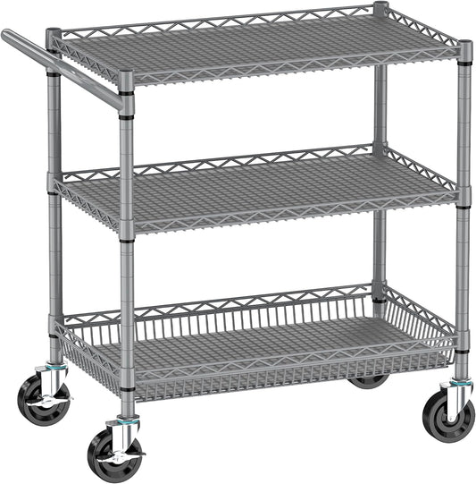 Rolling Cart with Wheels, Heavy Duty 3 Tier Metal Utility Cart 990lbs Capacity, Multi-Purpose Wire Rolling Storage Trolley for Kitchen Garage Office Commercial Use, Gray