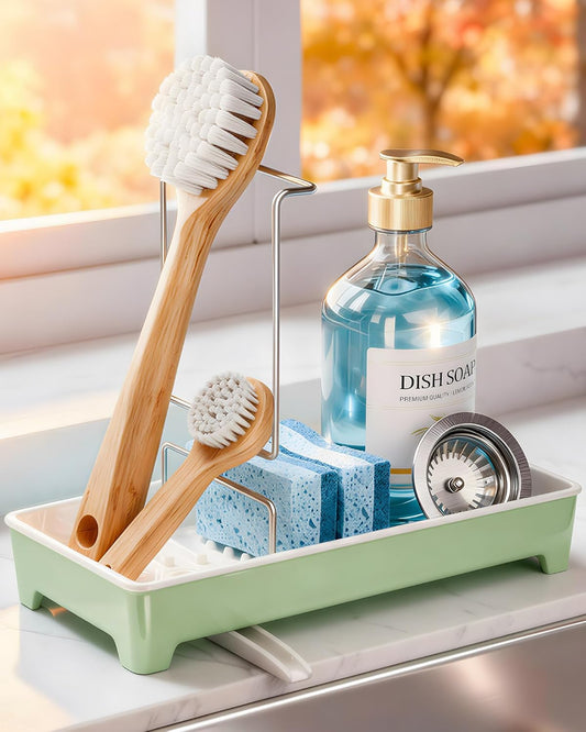 Ceramic-Look Sink Caddy, Rustproof Sponge Holder for Kitchen Sink with 304 Stainless-Steel Brush Holder, Countertop Rack Organizer with Raised Ridges & Silicone Drain Tube (Mint Green)