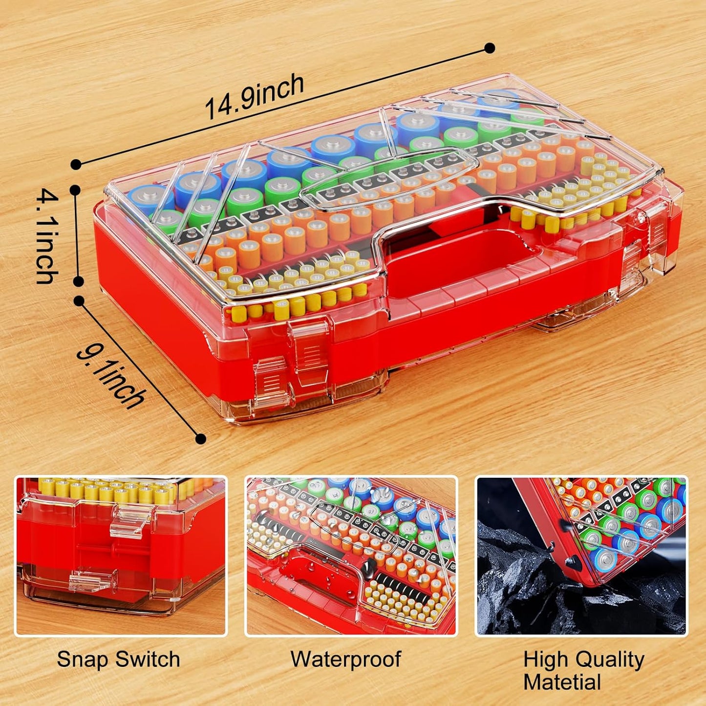 Battery Organizer Storage Holder Box Case with Tester, New Ultra-Large 285+Batteries Double-Sided Variety Pack, Holds AA AAA 4A C D 9V 3V Button Cell Lithium18650 CR2 CR123 CR1632 LR44 - Red