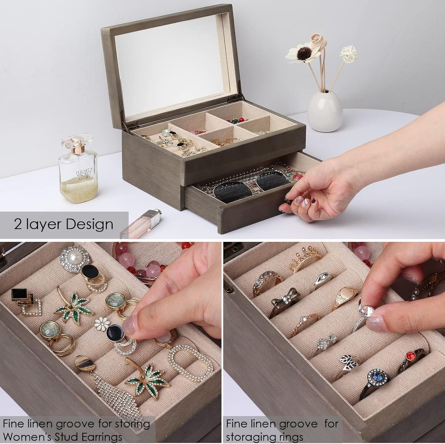 Meangood Jewelry Box Organizer for Women, 2 Layer Large Jewelry Storage Case, Rustic Wooden Jewelry Box with Mirror & Ring Tray for Necklace Earring Bracelets Rings, Vintage Style (Weathered Grey)