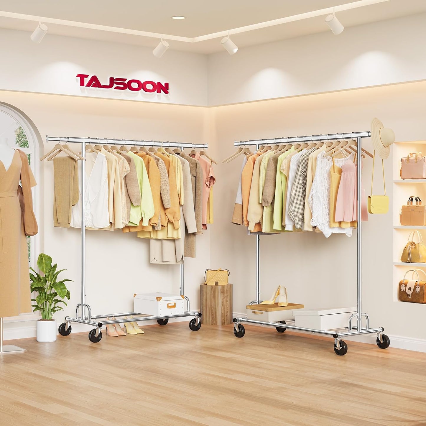 Tajsoon Clothing Rack Heavy Duty Clothes Rack Load 350 LBS, Rolling Clothes Racks for Hanging Clothes with Wheels & Extendable Rod, Collapsible Garment Rack with Bottom Shelf, Commercial, Chrome