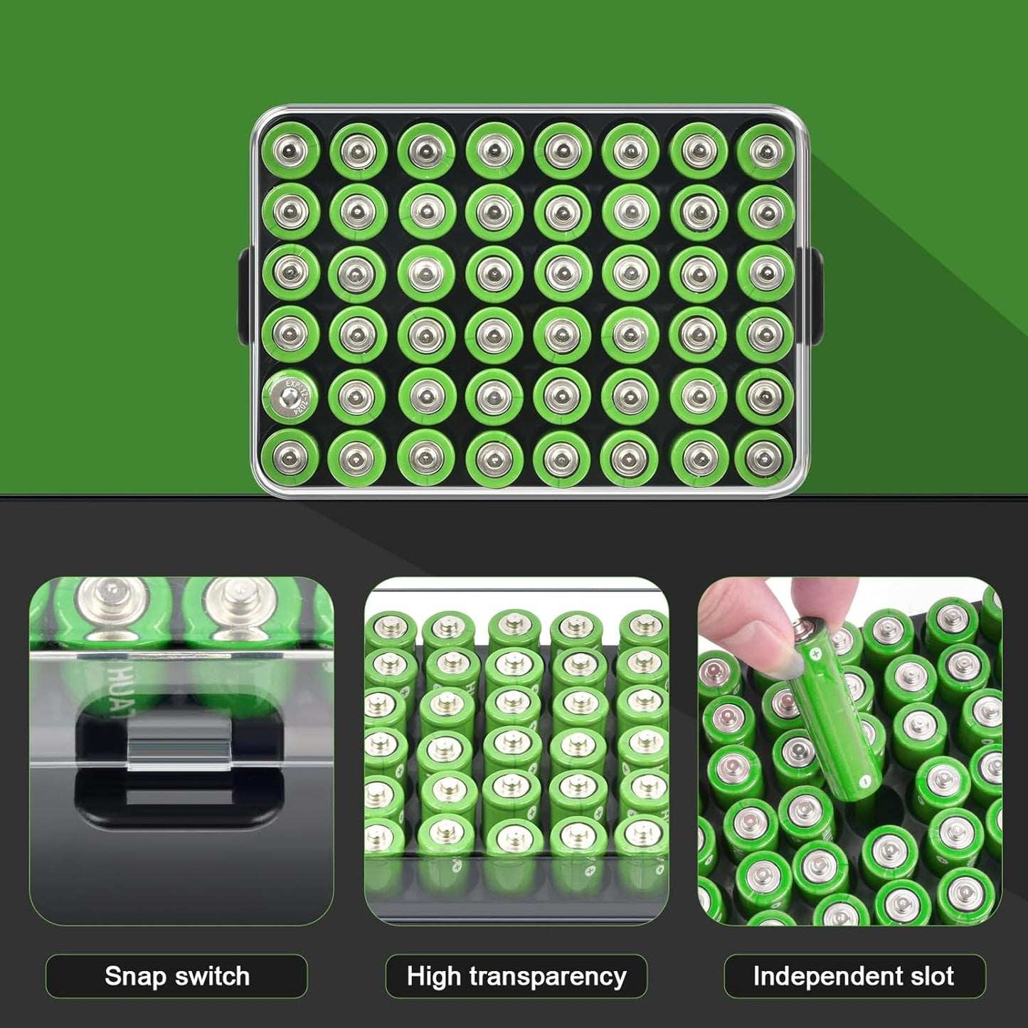 ALCYON Battery Organizer Storage Case, Battery Vault Box Container for 48pcs AA Batteries, Plastic Clear Protective Battery Holder for Travelling/Home/Office (Black, Large)